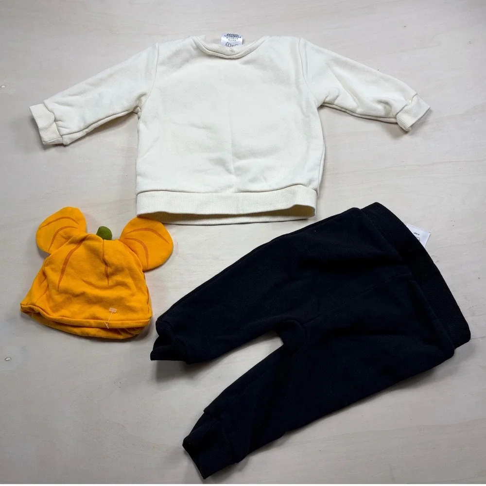 Disney Baby Mickey Mouse Pumpkin Halloween Sweatshirt Joggers Beanie Set 9-12M